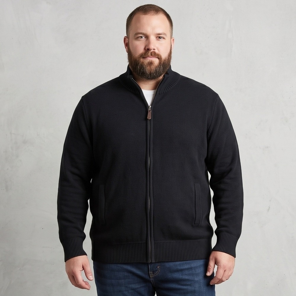 Merona Cardigan Sweater Mens XXL‎ Black Full Zip Mock Neck 100% Cotton Ribbed